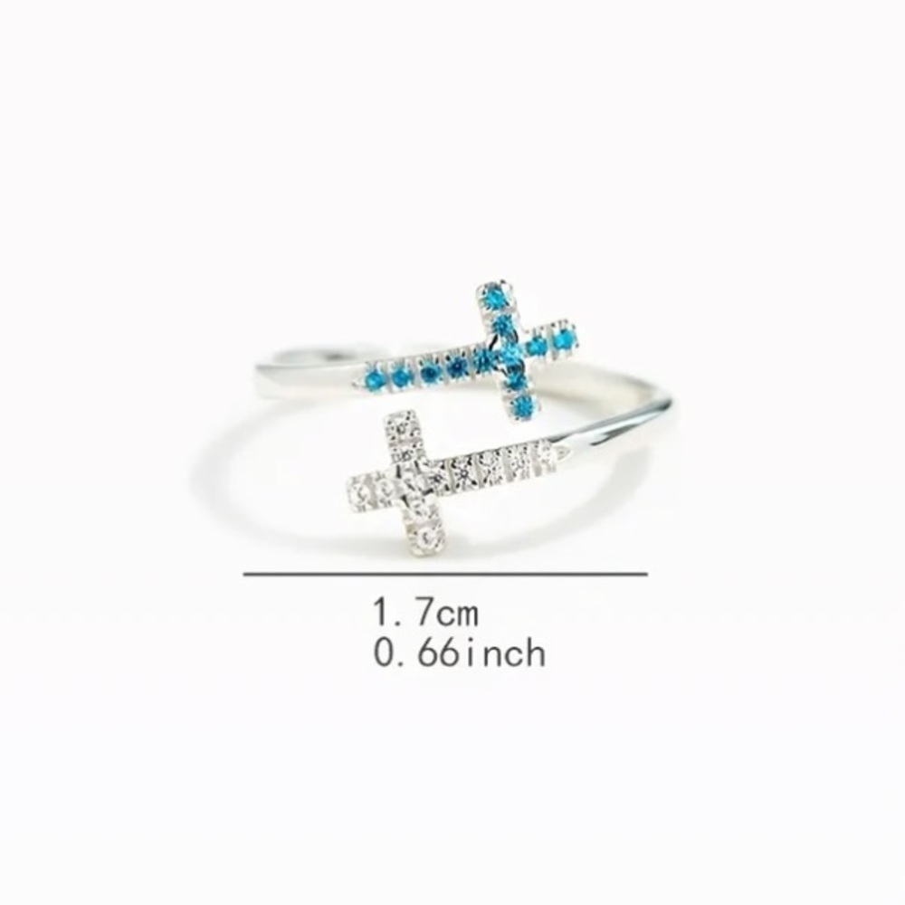 Silver Double Cross Adjustable Ring Women’s Blue Rhinestone Faith Jewelry - Picture 3 of 4